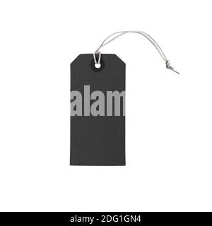 Blank black price label tag isolated on white background, front view clothing label mockup with copy space, real close-up picture Stock Photo