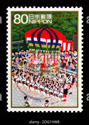 MOSCOW, RUSSIA - AUGUST 18, 2018: A stamp printed in Japan shows Nagasaki Kunchi - Nagasaki Prefecture, Hometowns - Scenes in My Heart - 6 serie, circ Stock Photo