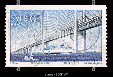 MOSCOW, RUSSIA - AUGUST 18, 2018: A stamp printed in Sweden shows Oresund Bridge, Completion of a fixed link between Denmark and Sweden serie, circa 2 Stock Photo