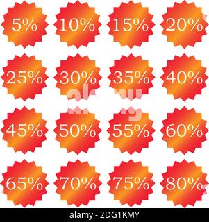 Sale discount icons. Special offer price signs. 5, 10, 15, 20, 25, 30, 35, 40, 45, 50, 55, 60, 65, 70, 75 and 80 percent off reduction symbols. Pink c Stock Vector