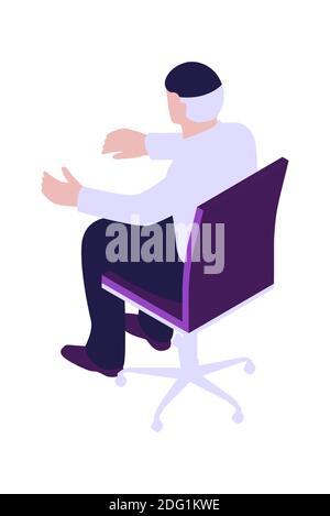 Businessman sitting in office chair, rear view, cartoon vector illustration, isometric icon Stock Vector