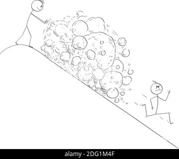 Vector cartoon stick figure illustration of man on top of hill creating avalanche of rocks falling on running competitor or enemy. Stock Vector