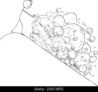 Vector cartoon stick figure illustration of man on top of mountain creating avalanche of rocks falling down the hill. Stock Vector