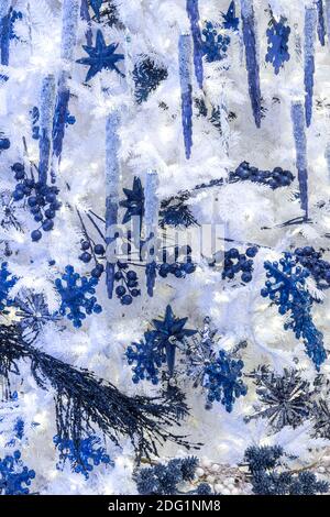 White Christmas tree with blue ornaments, USA Stock Photo