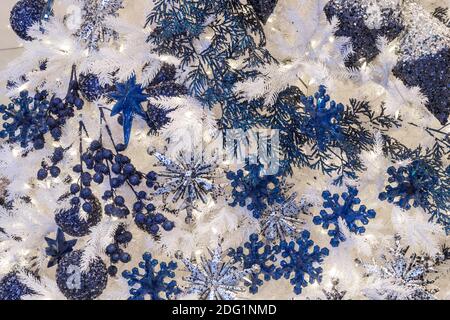 White Christmas tree with blue ornaments, USA Stock Photo