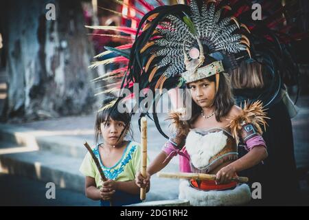 Traditional ritual of Mayan's warrior dance Stock Photo