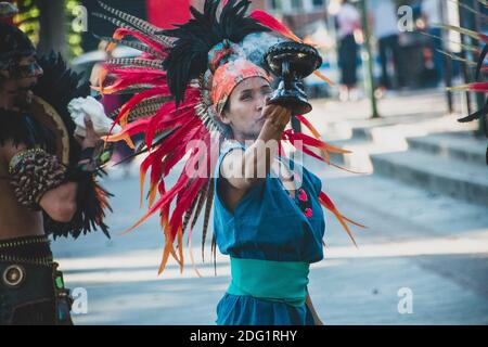 Traditional ritual of Mayan's warrior dance Stock Photo