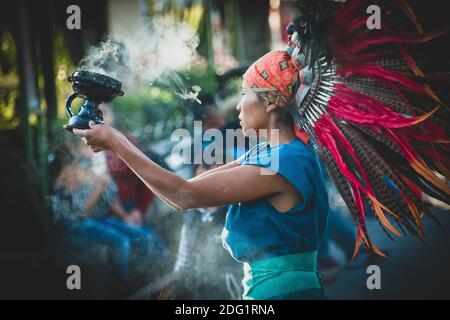 Traditional ritual of Mayan's warrior dance Stock Photo