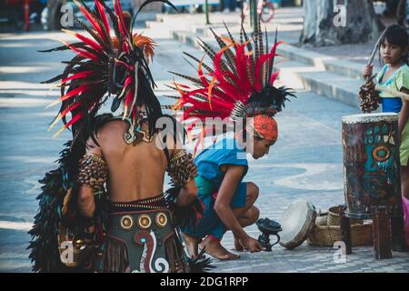 Traditional ritual of Mayan's warrior dance Stock Photo