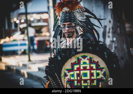 Traditional ritual of Mayan's warrior dance Stock Photo