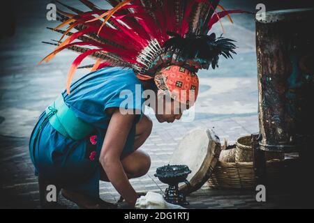 Traditional ritual of Mayan's warrior dance Stock Photo