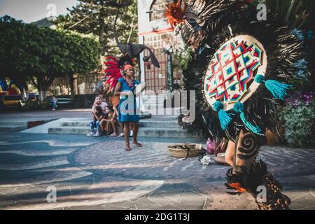 Traditional ritual of Mayan's warrior dance Stock Photo