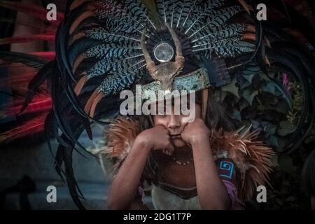 Traditional ritual of Mayan's warrior dance Stock Photo