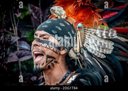 Traditional ritual of Mayan's warrior dance Stock Photo