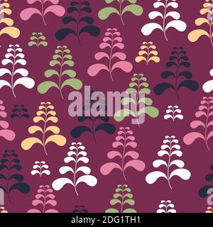 Hand drawn trendy ornamental doddle tree vector seamless pattern design for textile and printing-Elegant ditsy floral texture with maroon background Stock Vector