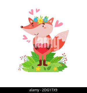 Cute fox in a wreath of flowers stands on a green lawn. Simple illustration on an isolated background. Can be used as a design for office supplies, pr Stock Vector