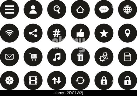 Toolbar & Menu Icons White On Black Flat Design Circle Set Big Stock Vector