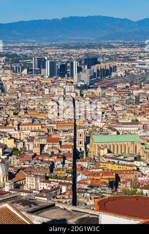City of Naples in Italy, aerial view cityscape with historic city center and downtown of Napoli, Campania region.