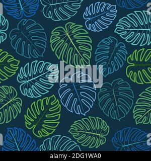 Elegant trendy ditsy foliage texture vector repeating pattern design comprising hand drawn Swiss cheese plant leaves. Monstera leaves background. Stock Vector