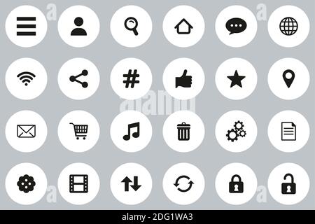 Toolbar & Menu Icons Black & White Flat Design Circle Set Big Stock Vector