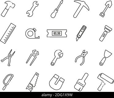 Tools Icons Black & White Thin Line Set Big Stock Vector