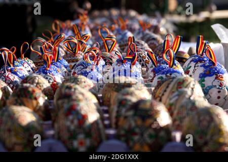 Traditionally ornate Easter eggs in Romania, using the encaustic (wax embossing) technique Stock Photo