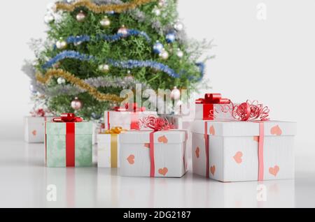 3d ilustration of a christmas tree with ornaments and gifts. Isolated on white. Stock Photo