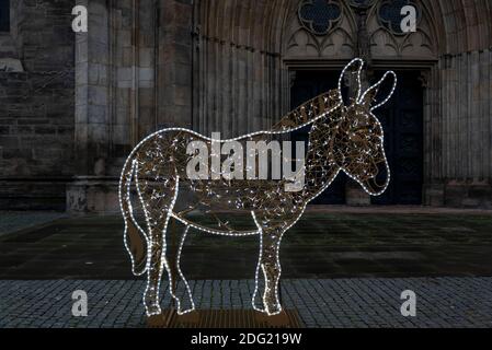 Magdeburg, Germany. 01st Dec, 2020. A donkey made of fairy lights stands in front of the west portal of the cathedral. He belongs to the world of lights, which is to remain erected until 2 February 2021. Credit: Stephan Schulz/dpa-Zentralbild/ZB/dpa/Alamy Live News Stock Photo