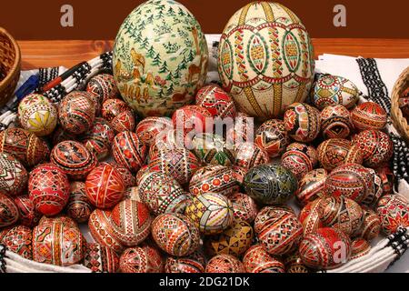 Traditionally ornate Easter eggs in Romania, using the encaustic (wax embossing) technique Stock Photo