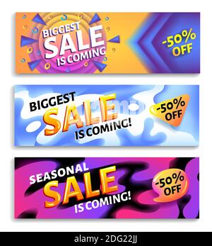 Biggest sale is coming - horizontal advertising web banner set, placard template with colorful abstract elements, vector illustration. Stock Vector