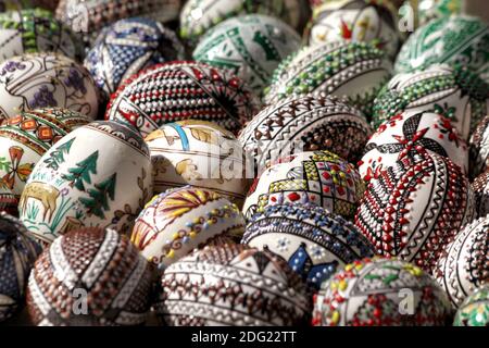 Traditionally ornate Easter eggs in Romania, using the encaustic (wax embossing) technique Stock Photo