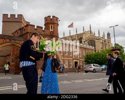 An Eton College school boy dressed for Eton 4 June Founders Day celebrations held n the River Thames. Stock Photo