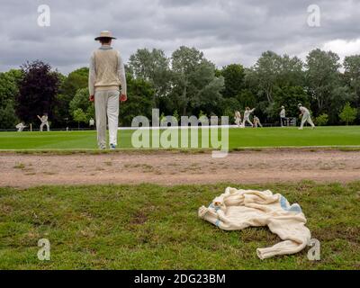 A cricket match in progress at Eton College on the fourth of June celebration day. Stock Photo