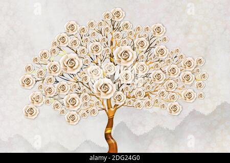 3D tree with pink roses, wood brown stump, beautiful background for wallpaper and mural . gray floral background Stock Photo