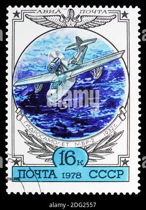 MOSCOW, RUSSIA - OCTOBER 21, 2018: A stamp printed in USSR (Russia) shows MBR-2 hydroplane, 1932, History of Russian Aircraft serie, circa 1978 Stock Photo