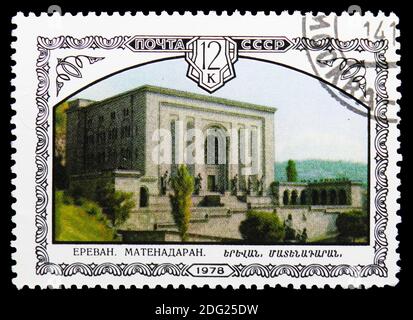 MOSCOW, RUSSIA - OCTOBER 21, 2018: A stamp printed in USSR (Russia) shows Metenadaran (repository of manuscripits), Armenian Architecture serie, circa Stock Photo