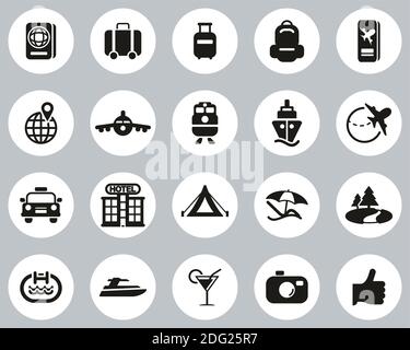 Travel Or Vacation Icons Black & White Flat Design Circle Set Big Stock Vector