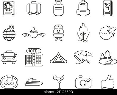 Travel Or Vacation Icons Black & White Thin Line Set Big Stock Vector