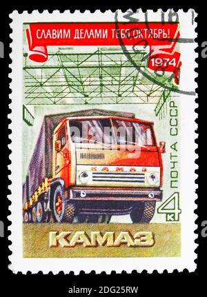 MOSCOW, RUSSIA - OCTOBER 21, 2018: A stamp printed in USSR (Russia) shows Kamaz, October revolution serie, circa 1974 Stock Photo