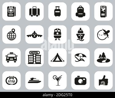 Travel Or Vacation Icons Black & White Flat Design Set Big Stock Vector