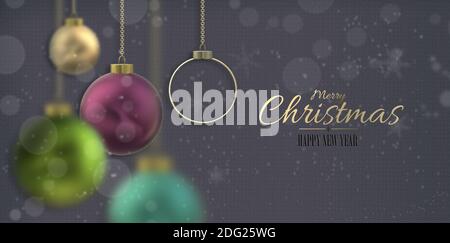 Christmas design with blurred balls. Xmas 3D realistic balls baubles, snow on dark pastel grey background. 3D illustration, Golden text Merry Christma Stock Photo