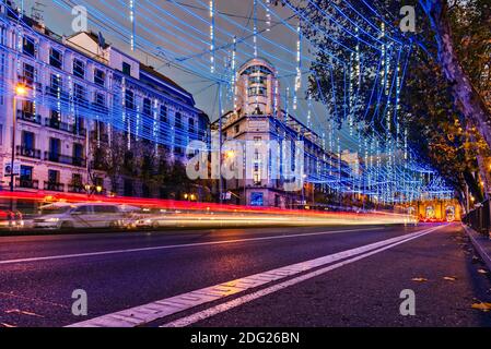 Madrid, Spain - December 6, 2020: Alcala Street in Madrid illuminated at Christmas with neon lights Stock Photo