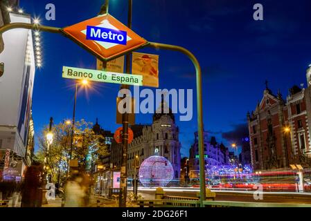 Madrid, Spain - December 6, 2020: Metro station in Alcala Street and Gran Via in Madrid illuminated at Christmas with LED lights Stock Photo