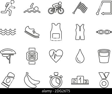 Triathlon Race & Equipment Icons Black & White Thin Line Set Big Stock Vector