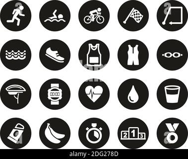 Triathlon Race & Equipment Icons White On Black Flat Design Circle Set Big Stock Vector