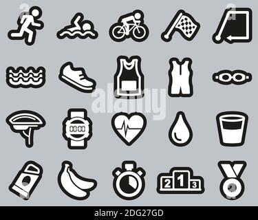 Triathlon Race & Equipment Icons White On Black Sticker Set Big Stock Vector