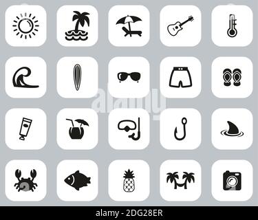 Tropical Lifestyle Icons Black & White Flat Design Set Big Stock Vector