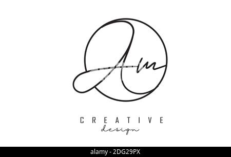 Handwritten letters AM A M logo design with simple circle vector illustration. Creative icon with letter A and M. Stock Vector