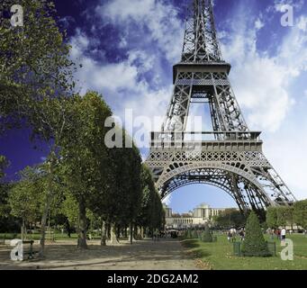 Eiffel Tower from Parc du Champs de Mars Stock Photo