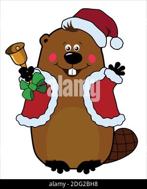 Funny cartoon Christmas beaver in Santa hat with Christmas bell Stock Vector
